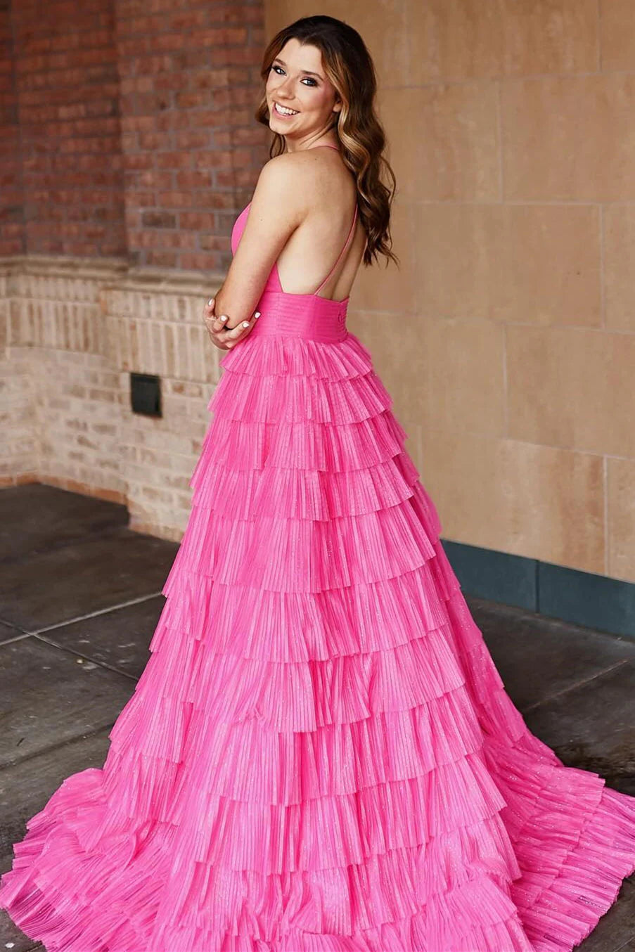 Pleated V-Neck Straps Ruffle Floor-length Layered Formal Prom Dress