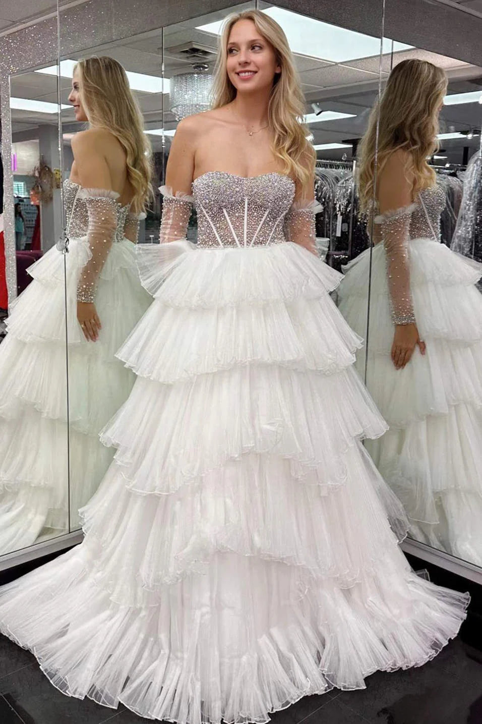 Strapless Beaded Top Ruffled Long Prom Dress