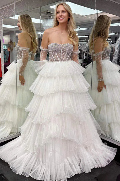 Strapless Beaded Top Ruffled Long Prom Dress