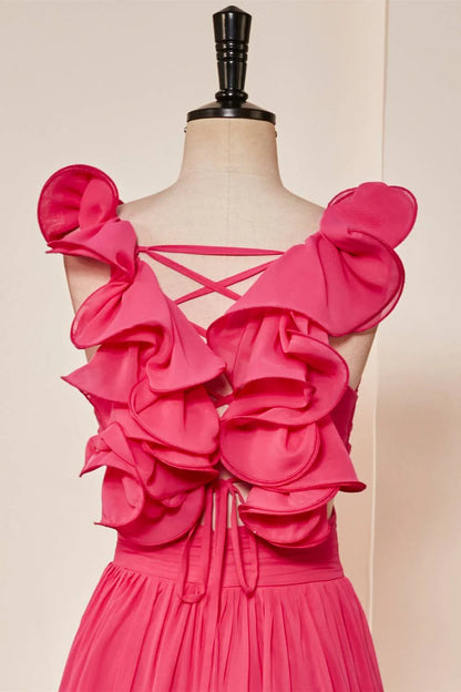 V-Neck Hot Pink Ruffled Straps A-Line Prom Dress