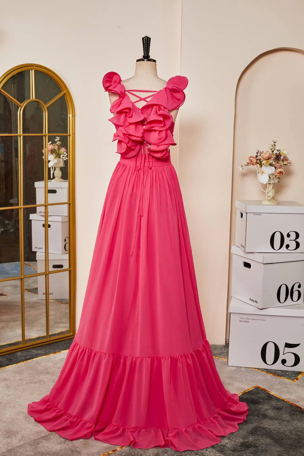 V-Neck Hot Pink Ruffled Straps A-Line Prom Dress