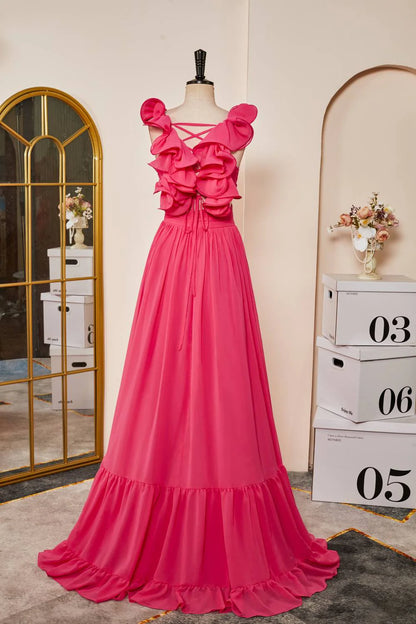 V-Neck Hot Pink Ruffled Straps A-Line Prom Dress