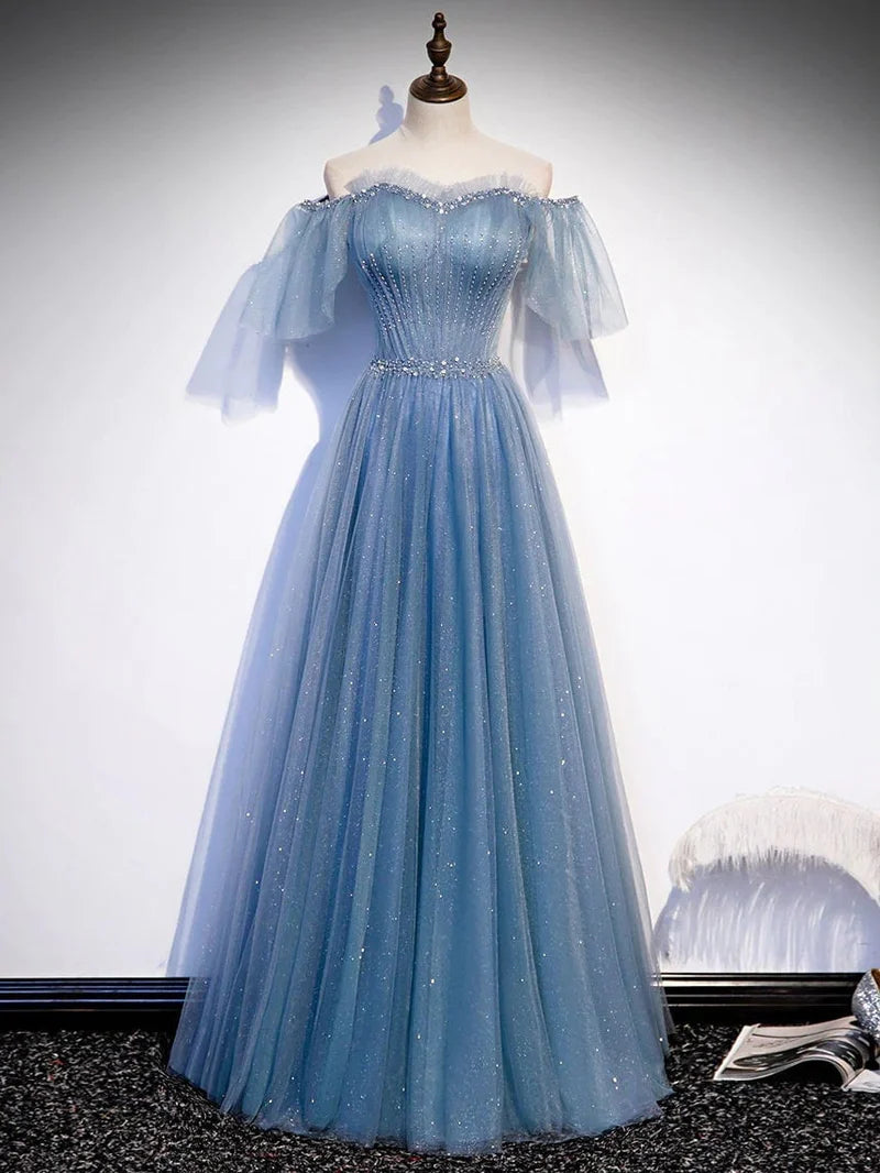 A-Line Sweetheart-Neck Tulle Flare Sleeves Beaded Sequin Prom Dresses Formal Evening Dresses