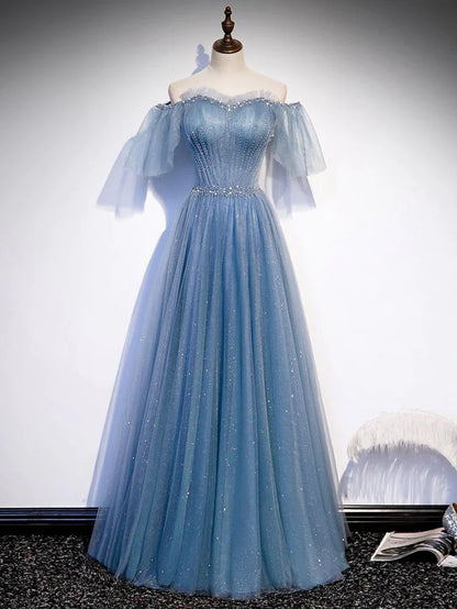A-Line Sweetheart-Neck Tulle Flare Sleeves Beaded Sequin Prom Dresses Formal Evening Dresses