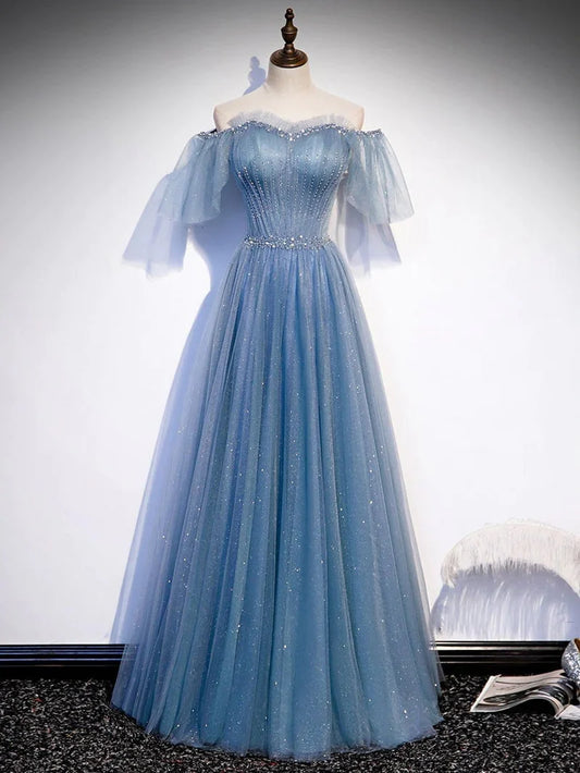 A-Line Sweetheart-Neck Tulle Flare Sleeves Beaded Sequin Prom Dresses Formal Evening Dresses