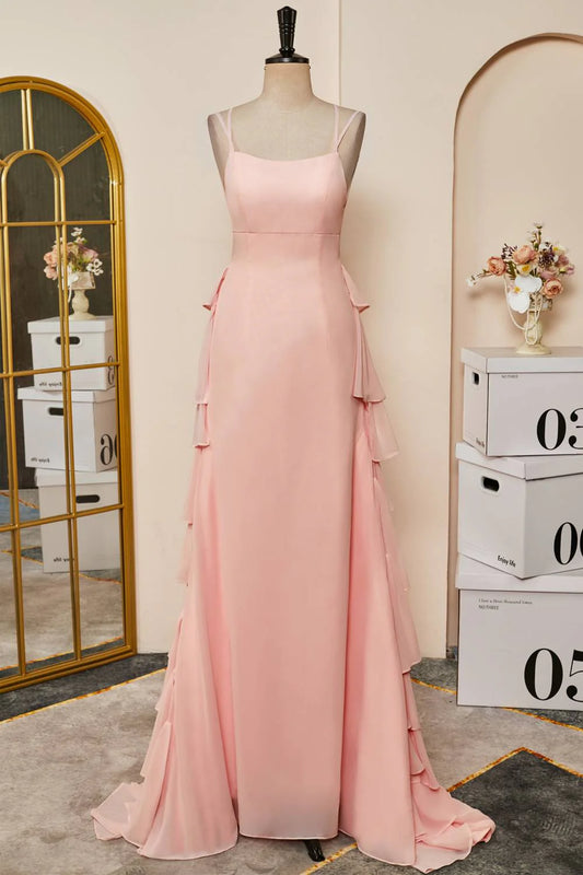 Straps Pink Ruffle Tiered Backless Chiffon Long Prom Dress