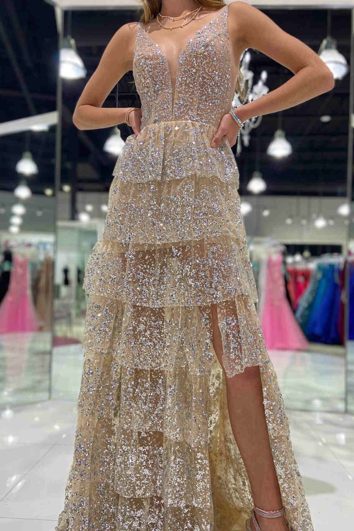 Glitter V-Neck Tiered Tulle Long Formal Prom Dress with Slit