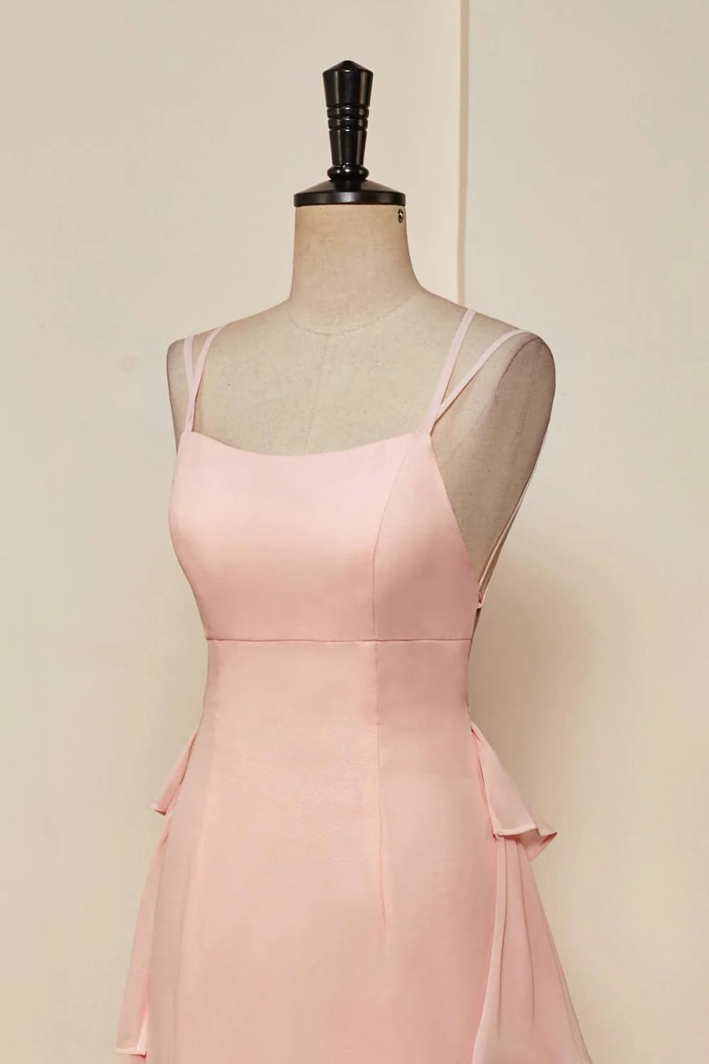 Straps Pink Ruffle Tiered Backless Chiffon Long Prom Dress