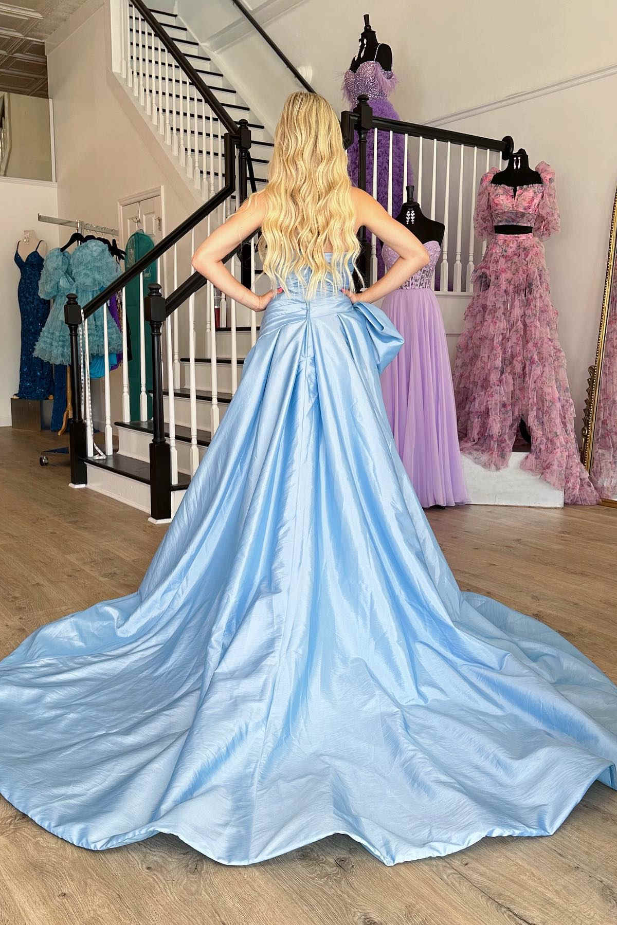A-Line Strapless Light Blue Satin Long Prom Dress with Bow Court Train Dresses