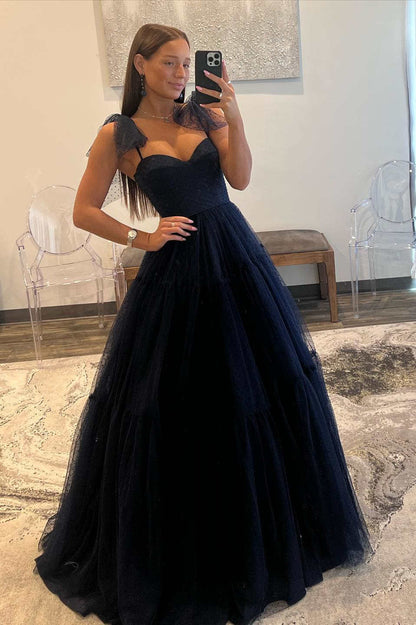 Straps Sweetheart Cute A-Line Swiss Dot Tulle Prom Dress with Bow Tie