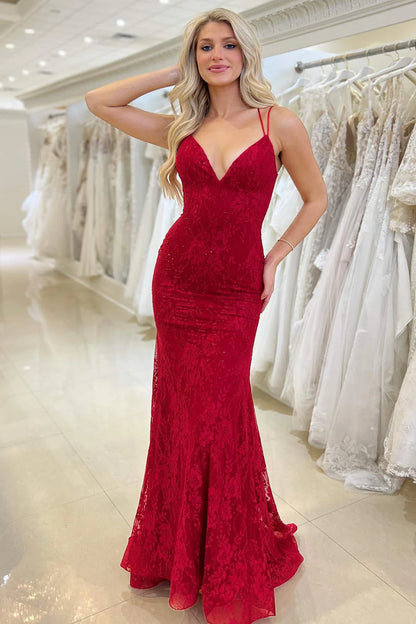 Straps Backless V-Neck Red Lace Mermaid Prom Dress