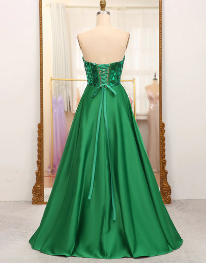 Dark Green A Line Sweetheart Satin Mirror Long Prom Dress