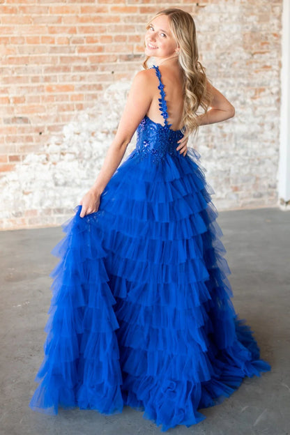 Magenta A-Line V-Neck Lace Appliques Layered Tulle Prom Dress