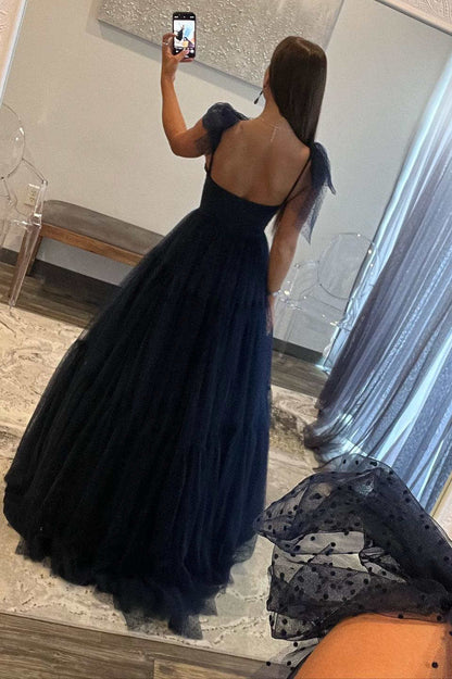 Straps Sweetheart Cute A-Line Swiss Dot Tulle Prom Dress with Bow Tie