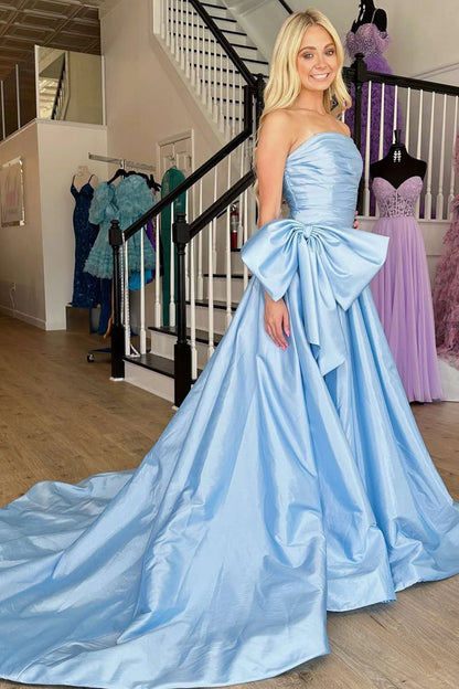 A-Line Strapless Light Blue Satin Long Prom Dress with Bow Court Train Dresses