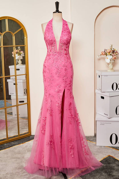 Mermaid Corset Hot Pink Halter Tulle Appliques Long Prom Dress with Slit