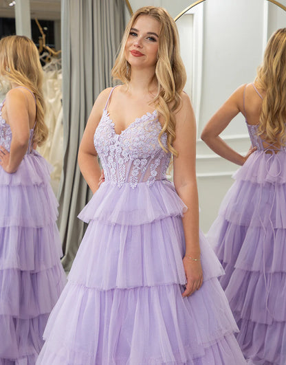 Lilac A Line V-Neck Lace Tiered Tulle Long Prom Dress With Appliques Princess Dress