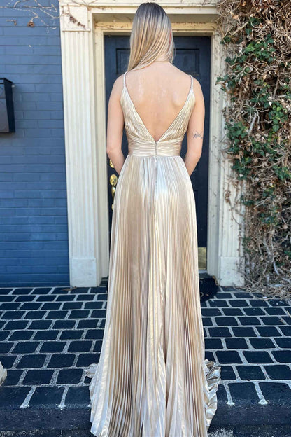 V-Neck Gold Pleated Long Prom Dress
