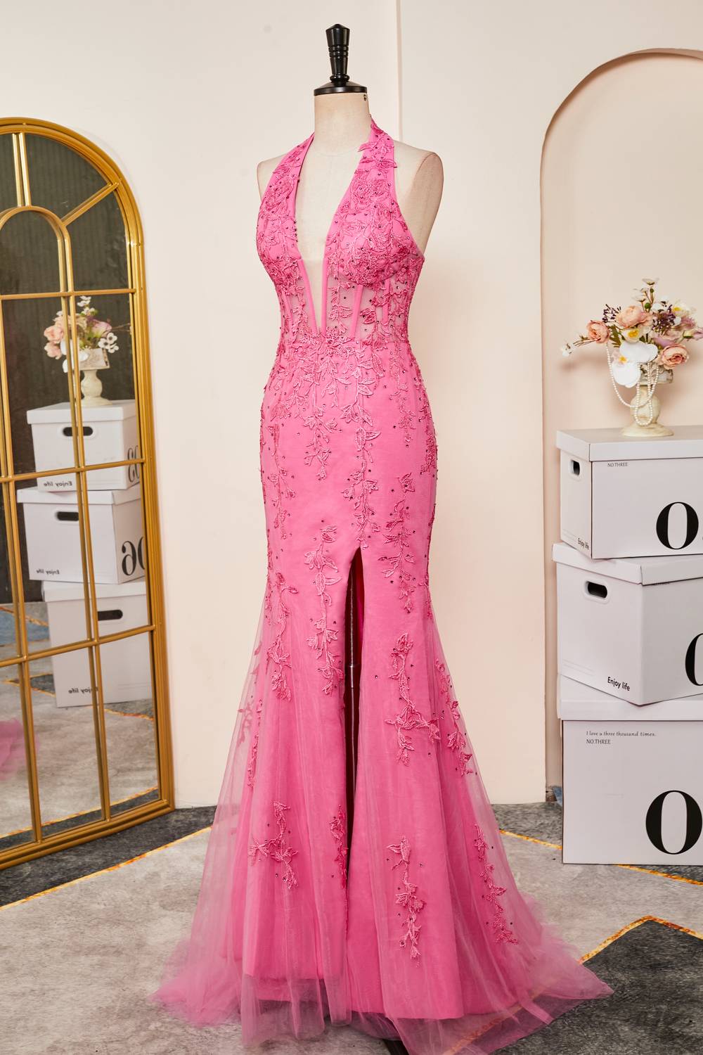 Mermaid Corset Hot Pink Halter Tulle Appliques Long Prom Dress with Slit