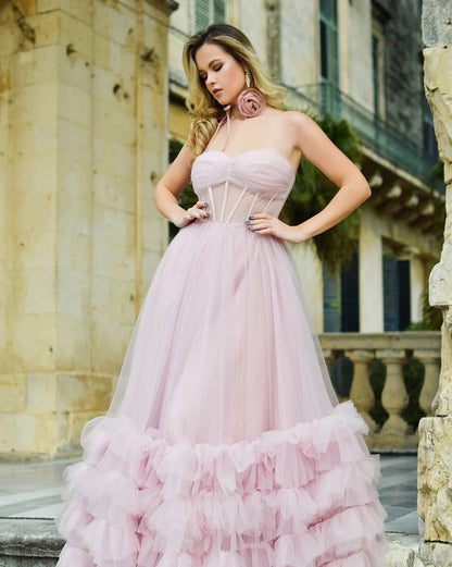 Pink A-line Corset Strapless Tulle Prom Dress with Ruffles
