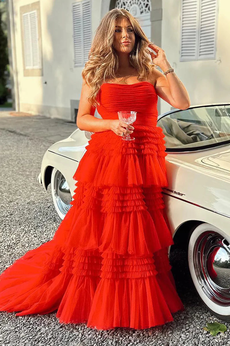 A-Line Strapless Tulle Long Prom Dress Tiered Ruffles With Slit