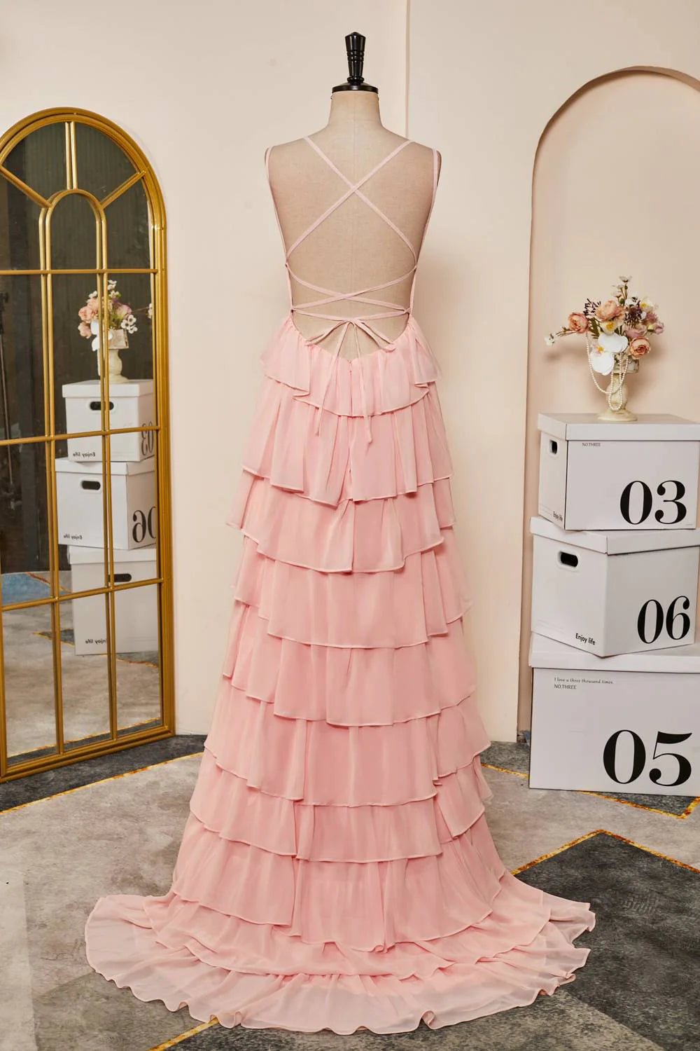 Straps Pink Ruffle Tiered Backless Chiffon Long Prom Dress
