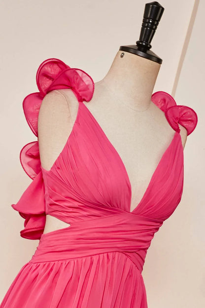 V-Neck Hot Pink Ruffled Straps A-Line Prom Dress