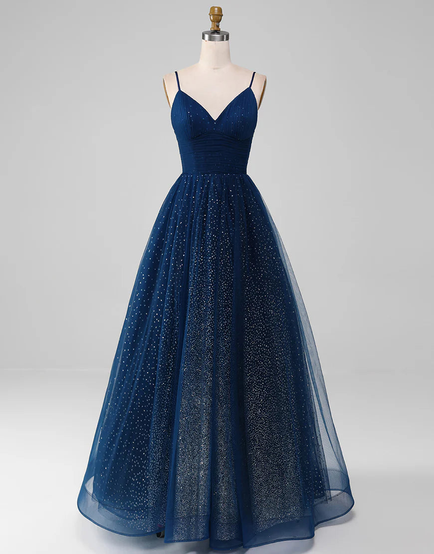 Sequins/Sparkling Navy A Line Long Tulle Prom Dress With Slit