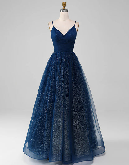 Sequins/Sparkling Navy A Line Long Tulle Prom Dress With Slit