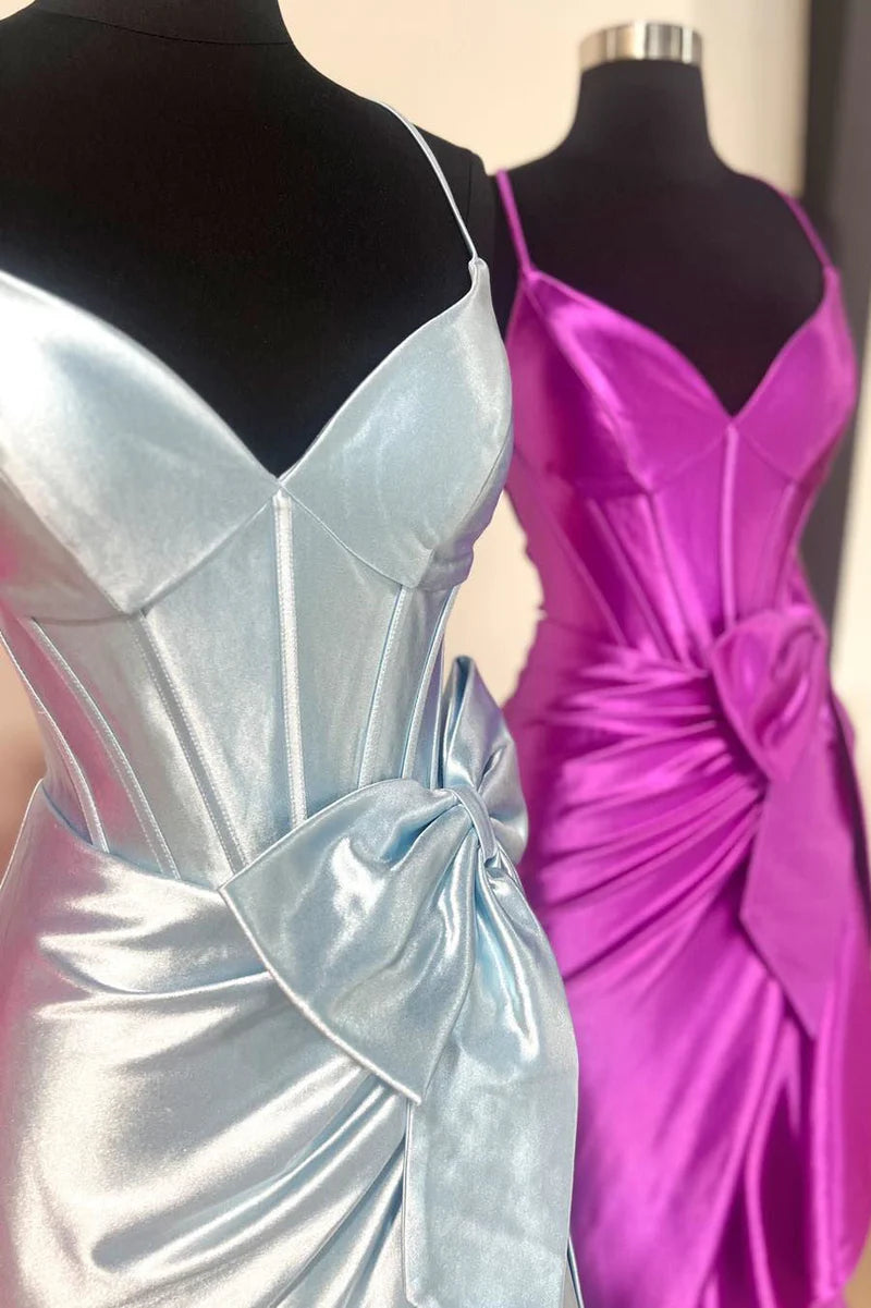 Straps V-Neck Satin Mermaid Backless Prom Dress with Bow
