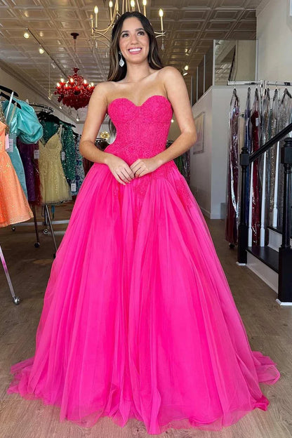 Hot Pink A-Line Hot Pink Tulle Lace StraplessLong Prom Dress