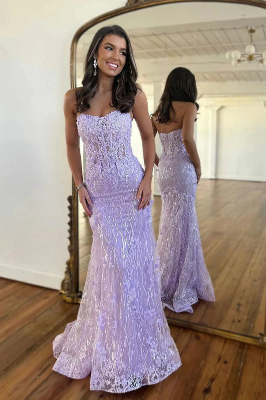Lavender Mermaid Strapless Sequined Lace Prom Dress