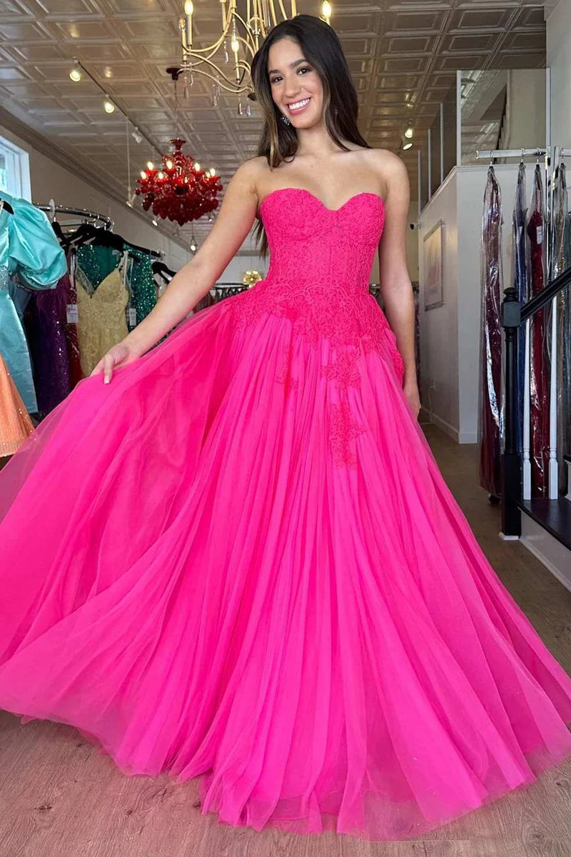 Hot Pink A-Line Hot Pink Tulle Lace StraplessLong Prom Dress