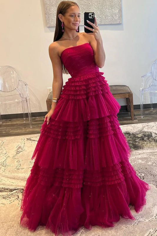 A-Line Strapless Tulle Long Prom Dress Tiered Ruffles With Slit