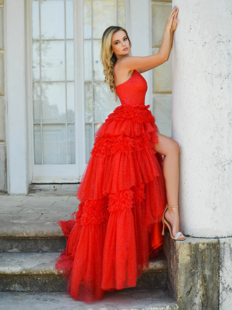 Red Tulle Deep V Neck Spaghetti Straps Long Prom Dress