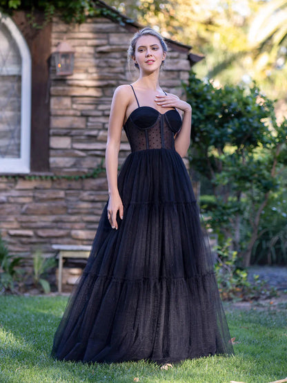 Black A-Line Corset Dotted Tulle Spaghetti Straps Floor Length Prom Dress