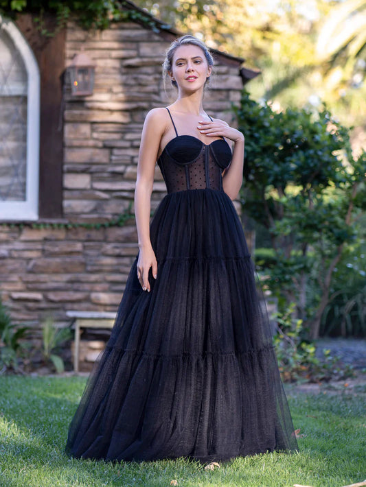 Black A-Line Corset Dotted Tulle Spaghetti Straps Floor Length Prom Dress