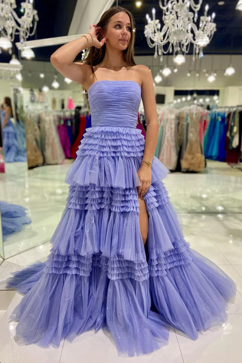 A-Line Strapless Tulle Long Prom Dress Tiered Ruffles With Slit