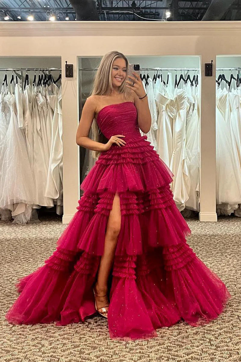 A-Line Strapless Tulle Long Prom Dress Tiered Ruffles With Slit