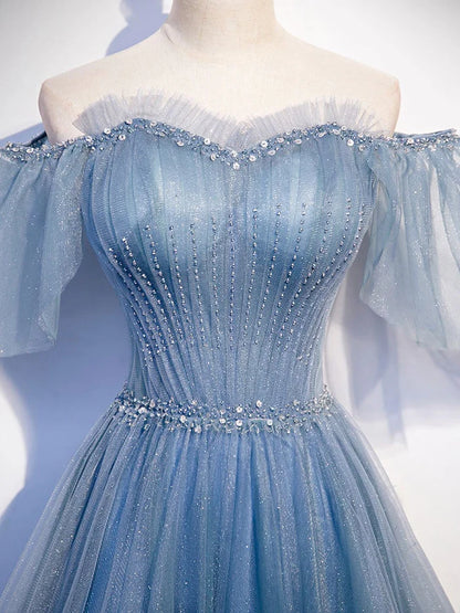 A-Line Sweetheart-Neck Tulle Flare Sleeves Beaded Sequin Prom Dresses Formal Evening Dresses
