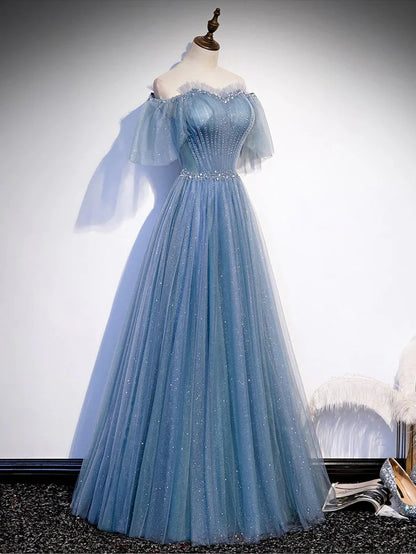 A-Line Sweetheart-Neck Tulle Flare Sleeves Beaded Sequin Prom Dresses Formal Evening Dresses