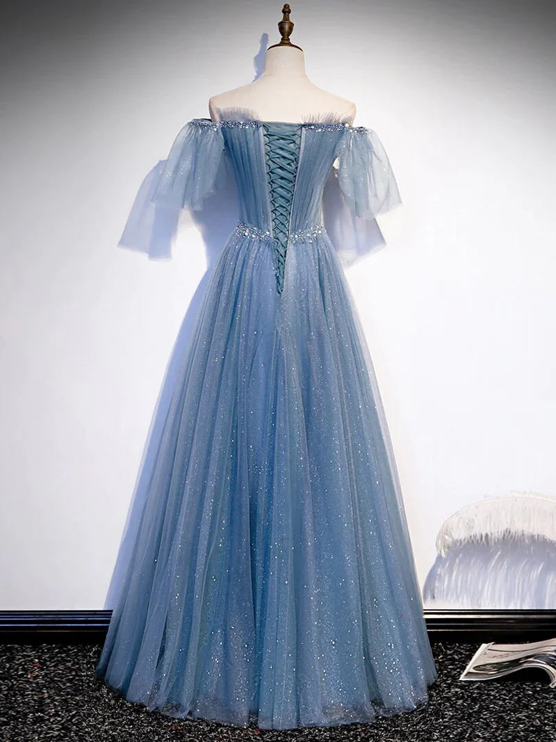 A-Line Sweetheart-Neck Tulle Flare Sleeves Beaded Sequin Prom Dresses Formal Evening Dresses