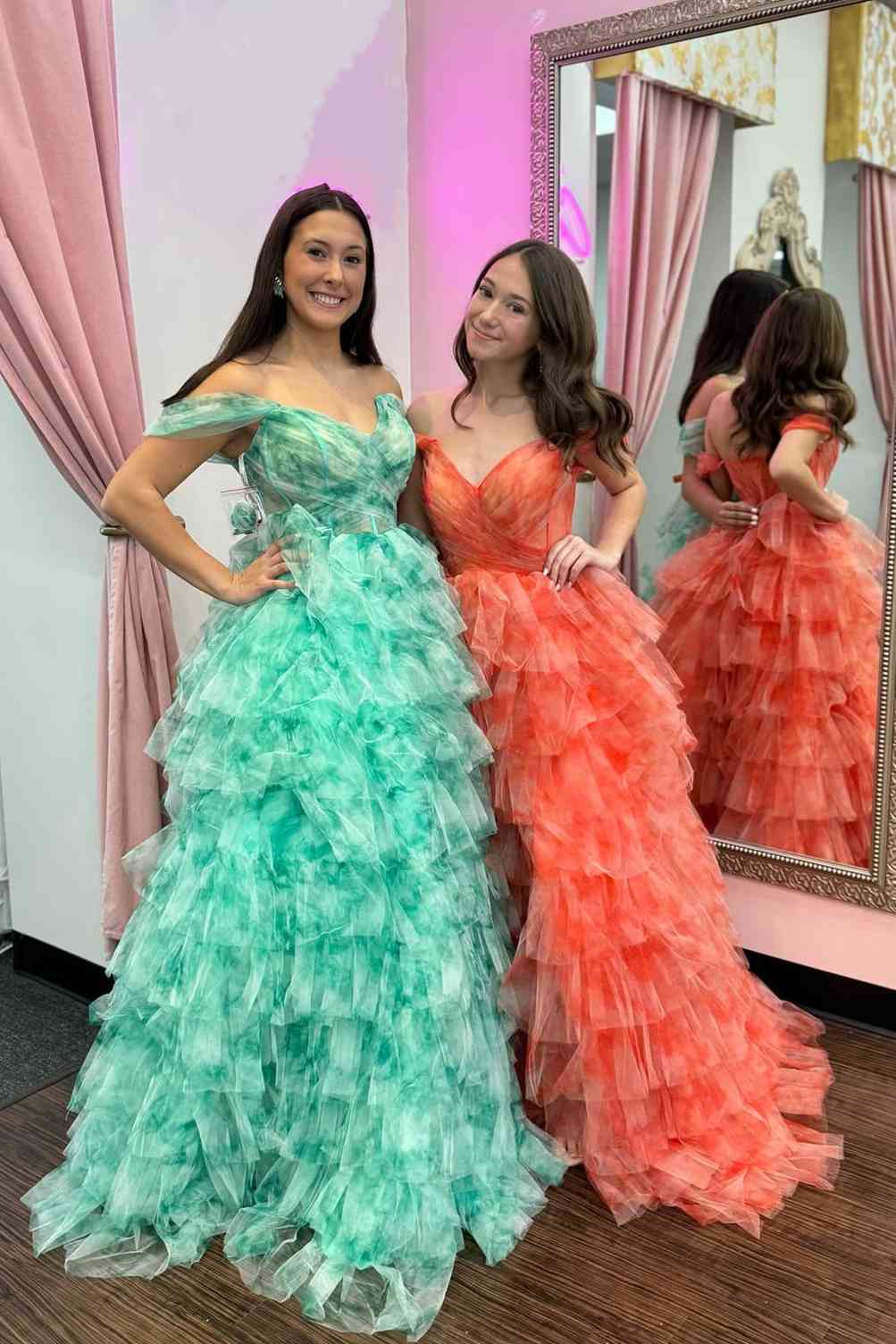 Off the Shoulder Coral Print Tiered Long Prom Dress With Slit
