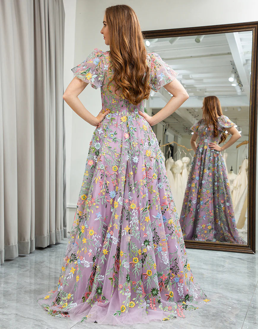 Mauve A-Line Embroidered Long Prom Dress With Appliqued