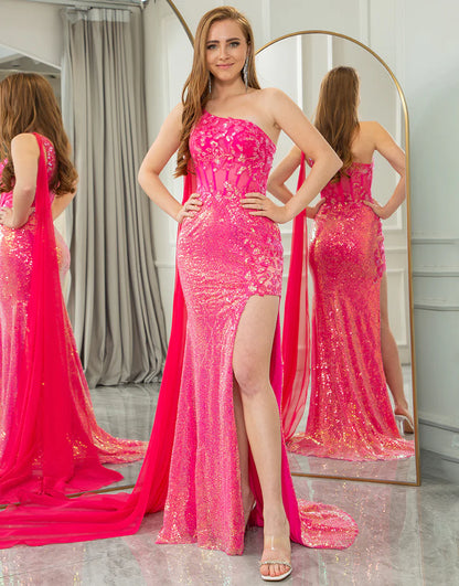 Sparkly Fuchsia Mermaid One Shoulder Long Prom Dress With Slit