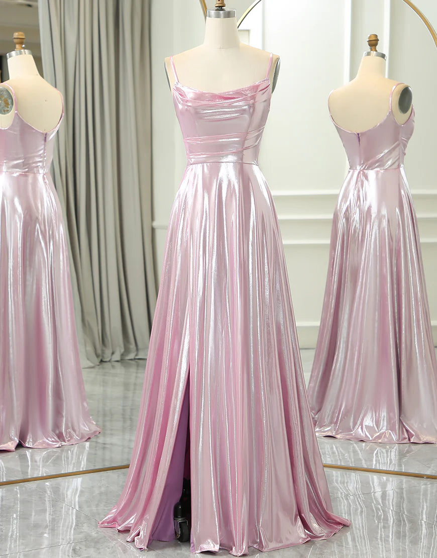 Sparkly Pink A Line Spaghetti Straps Long Prom Dress With Slit