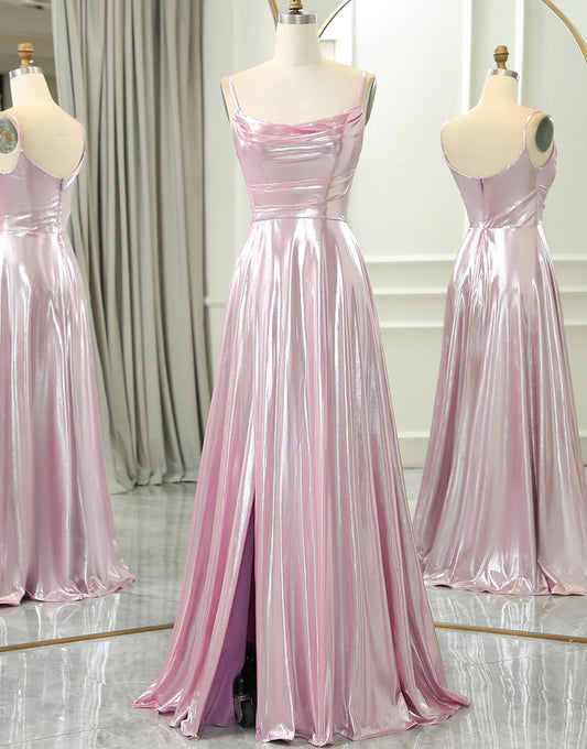 Sparkly Pink A Line Spaghetti Straps Long Prom Dress With Slit