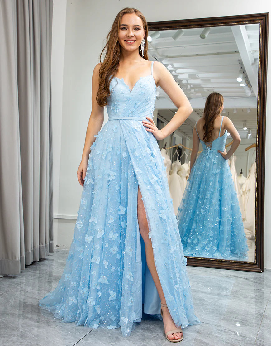 A Line Spaghetti Straps Beaded Prom Dress 3D Butterfly With Slit