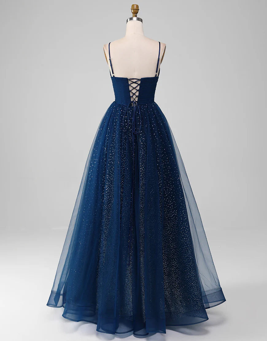Sequins/Sparkling Navy A Line Long Tulle Prom Dress With Slit