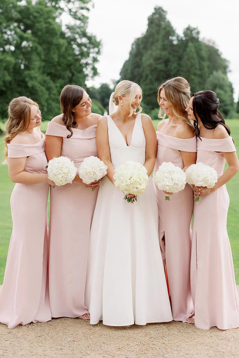 Mermaid Off the Shoulder Light Pink Long Bridesmaid Dresses